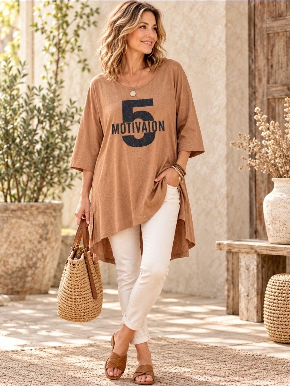 Sackcloth Flavor Caramel Oversized Graphic Tunic Top 3/4 Sleeve Lagenlook NWT
